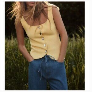 Zara Butter Yellow Sweater Tank w/ Silver Buttons - Size M